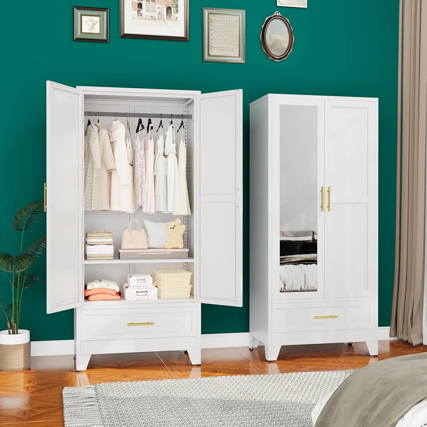 Metal Armoire Wardrobe Closet, 71 "Metal Clothing Storage Cabinet with Adjustable Shelves and Hanging Rod, Household, Custom