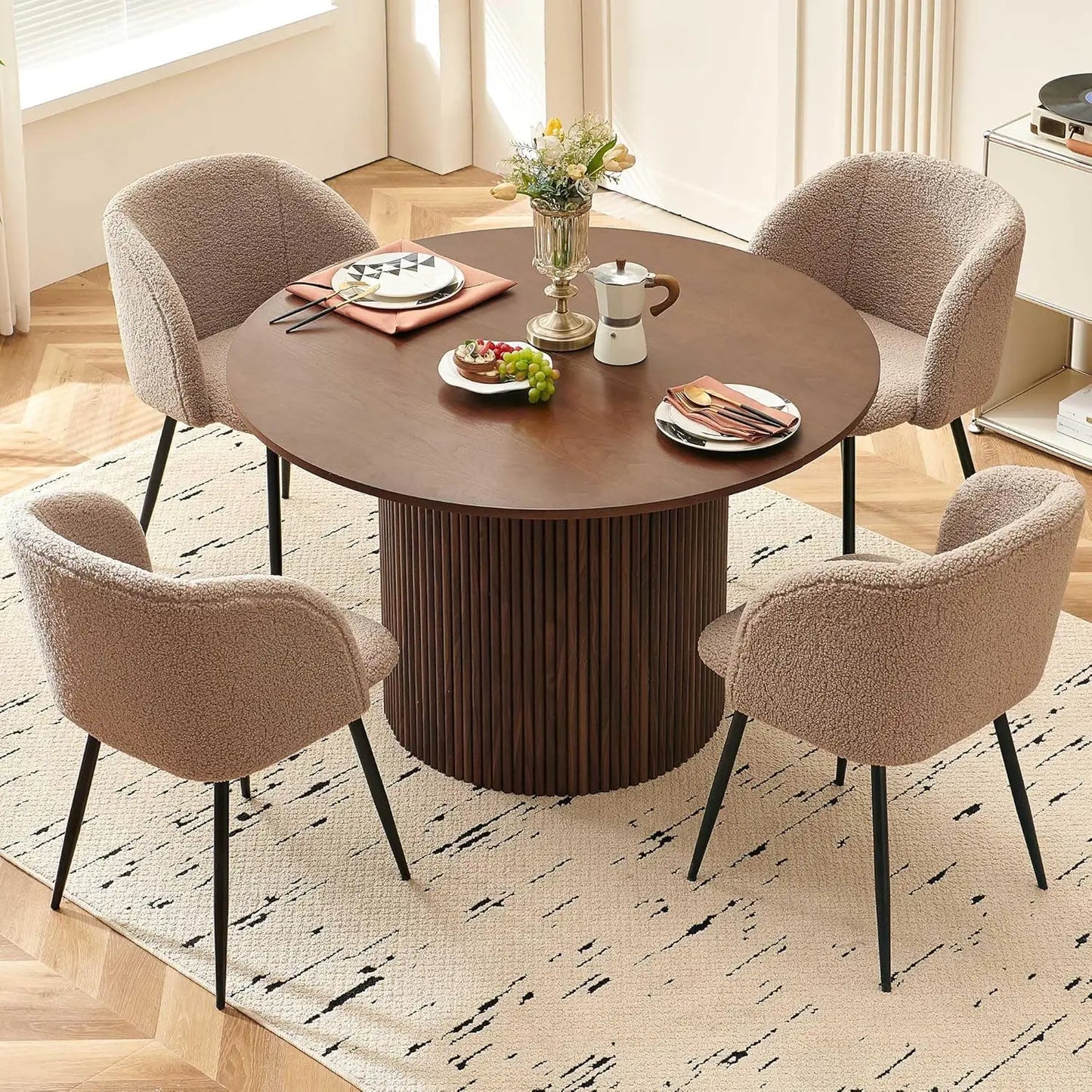 Rustic Walnut Round Dining Table Set For Four Sherpa Chairs