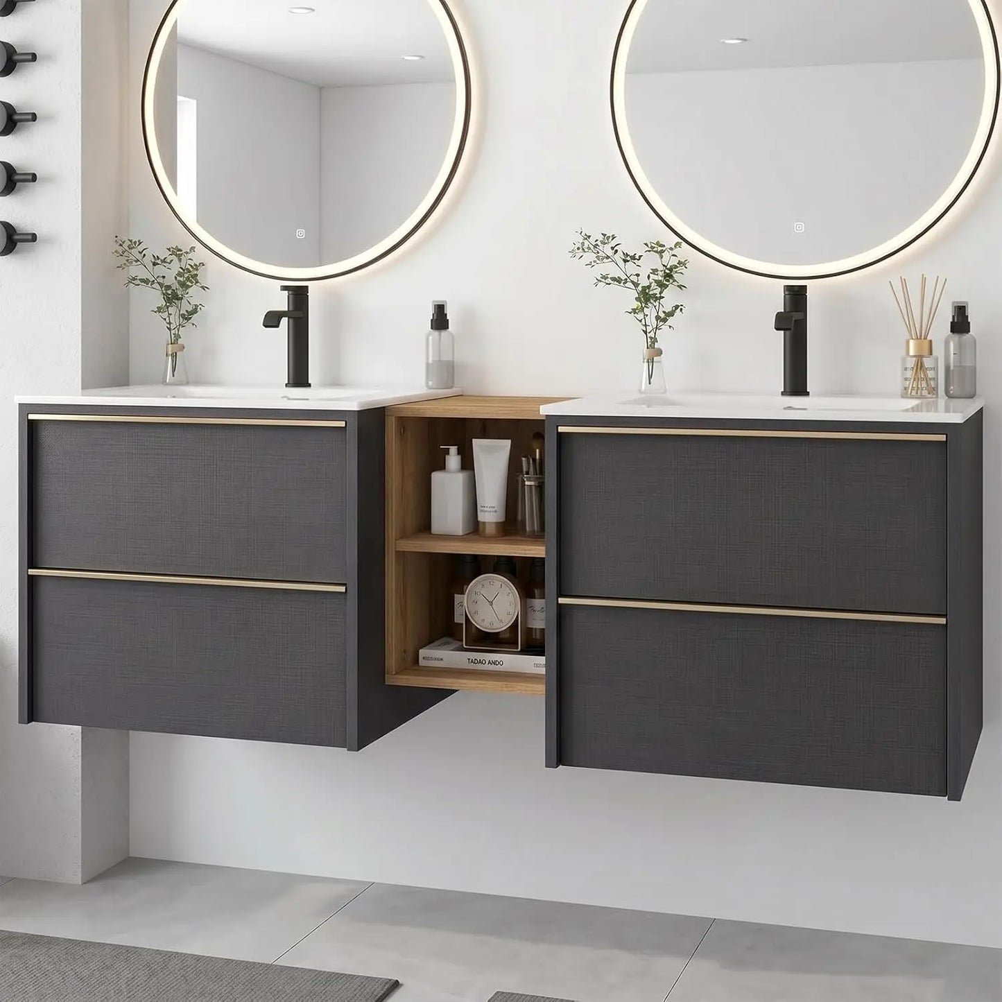 Floating Double Sink Acrylic Wood Vanity With Wall Mounted Cabinet