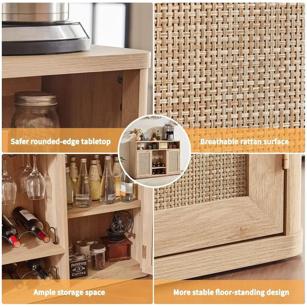 Rattan Wine Cabinet With 2 Doors,Boho Liquor Cabinet,Wine Racks,Farmhouse Coffee Bar Station For Living Room,Custom