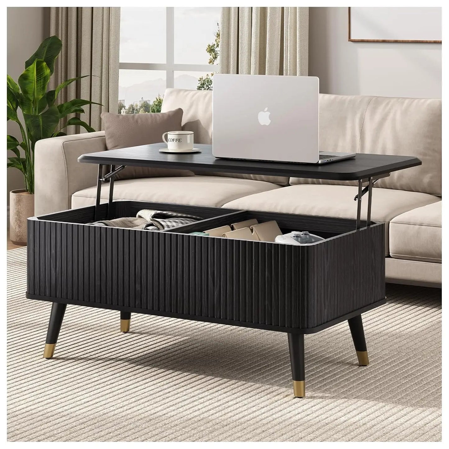 Round Coffee Table With Hidden Storage Walnut Wood Drum Table