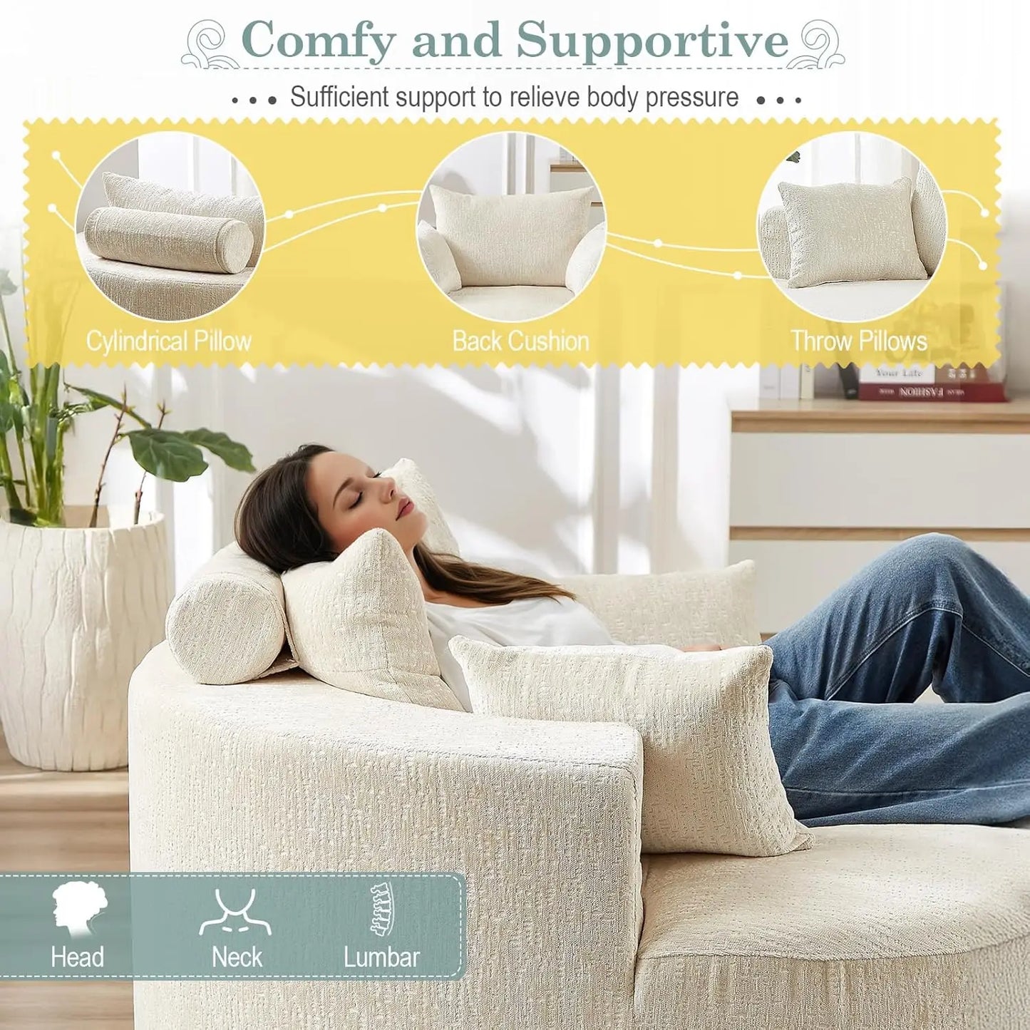 Oversized Round Chaise Longue Chair Indoor, Modern 55-inch Upholstered Chenille Deep Seat Circle Single Cloud, Customized