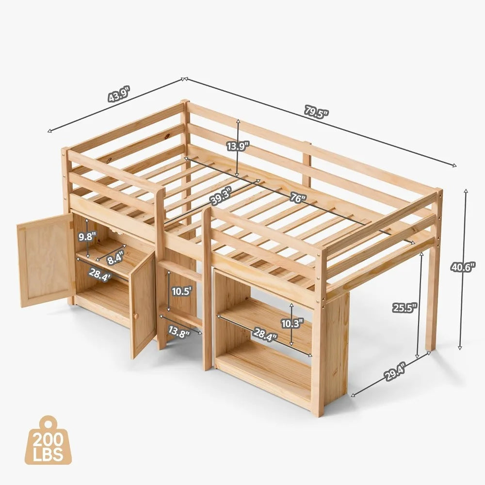 Low Loft Bed With Led Lights, Storage Cabinet And Guardrail