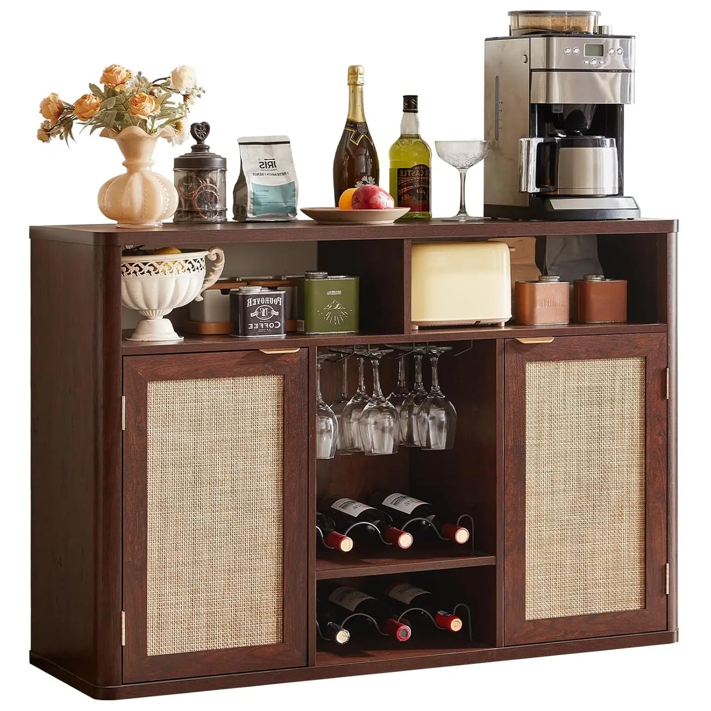 Rattan Wine Cabinet With 2 Doors,Boho Liquor Cabinet,Wine Racks,Farmhouse Coffee Bar Station For Living Room,Custom