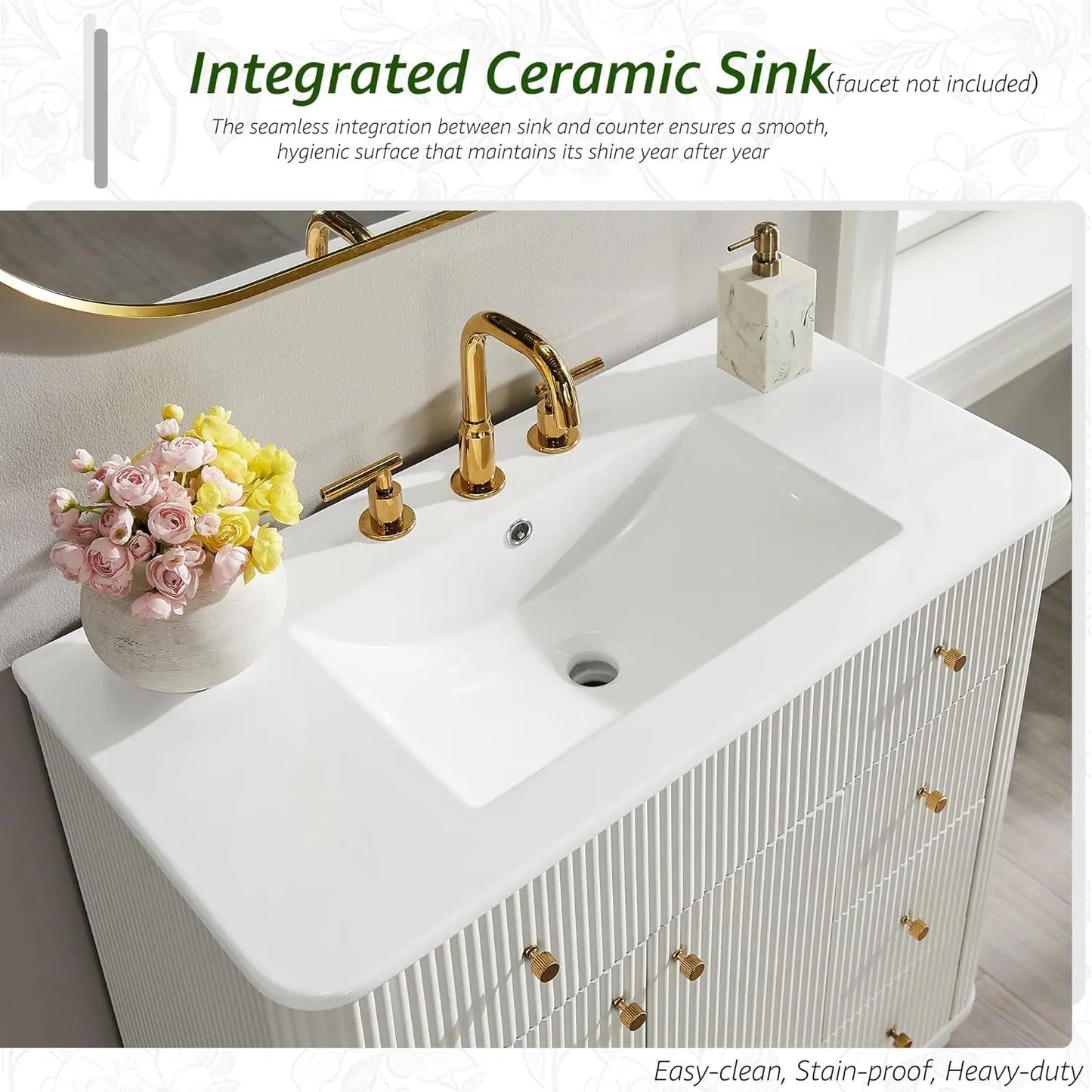 36in Modern Fluted Bathroom Vanity with Sink Storage Cabinet Adjustable Shelf & 3 Drawers Solid White, Custom