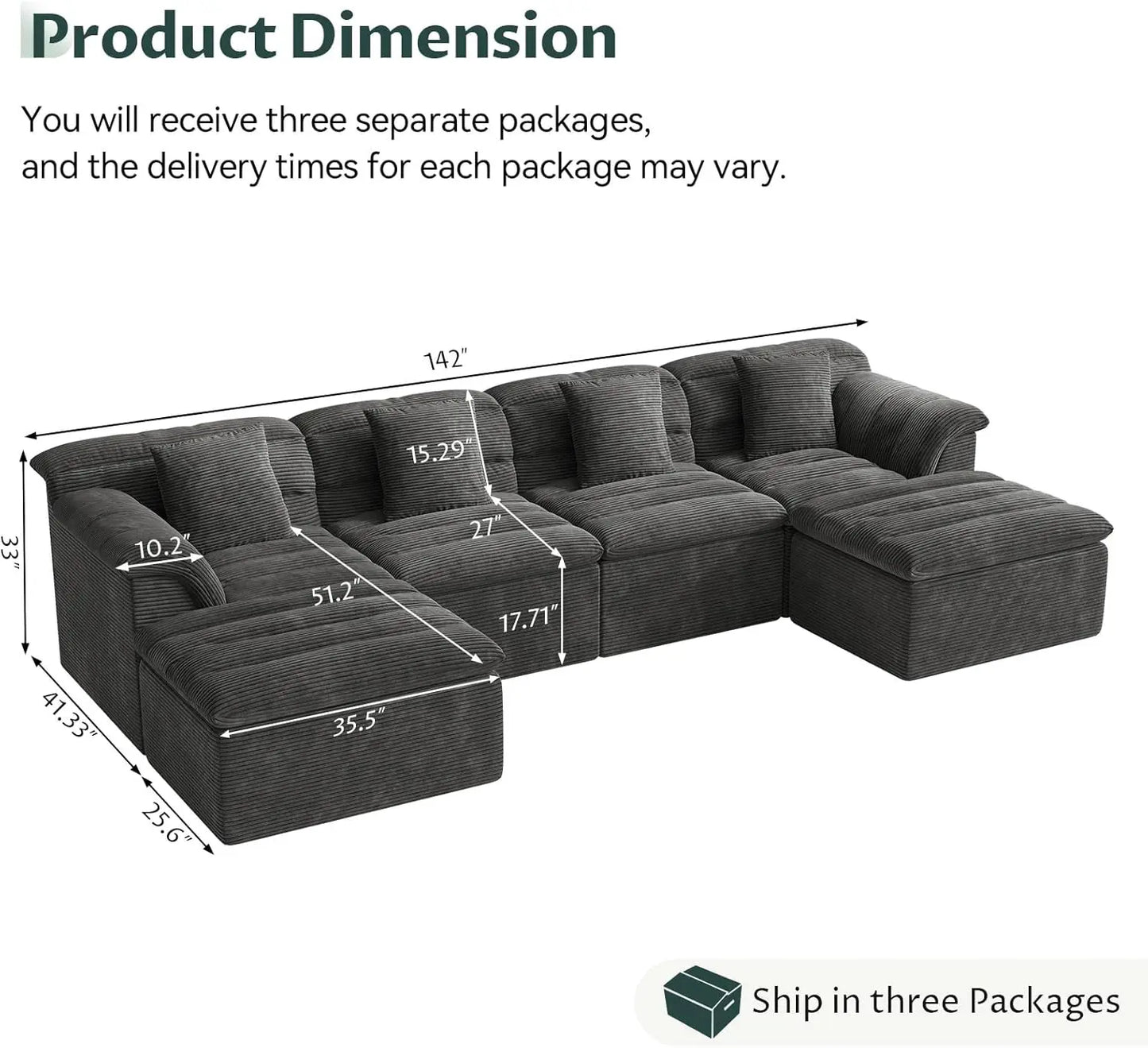 142" Modular Cloud Sectional Couch with Ottoman Modern Upholstered Compressed Sofa Deep Seat, Comfy U-Shape Corduroy Couches