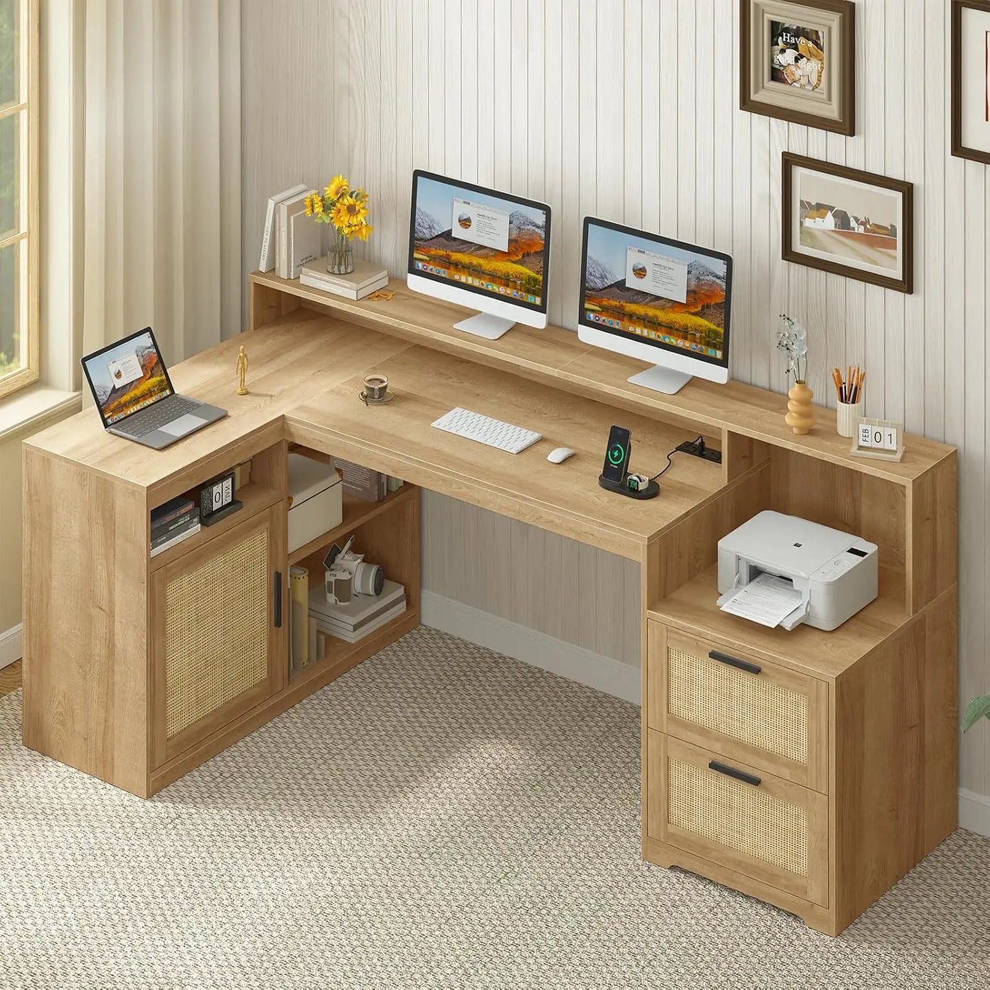 L Shaped Home Office Desk With USB Outlet And Storage