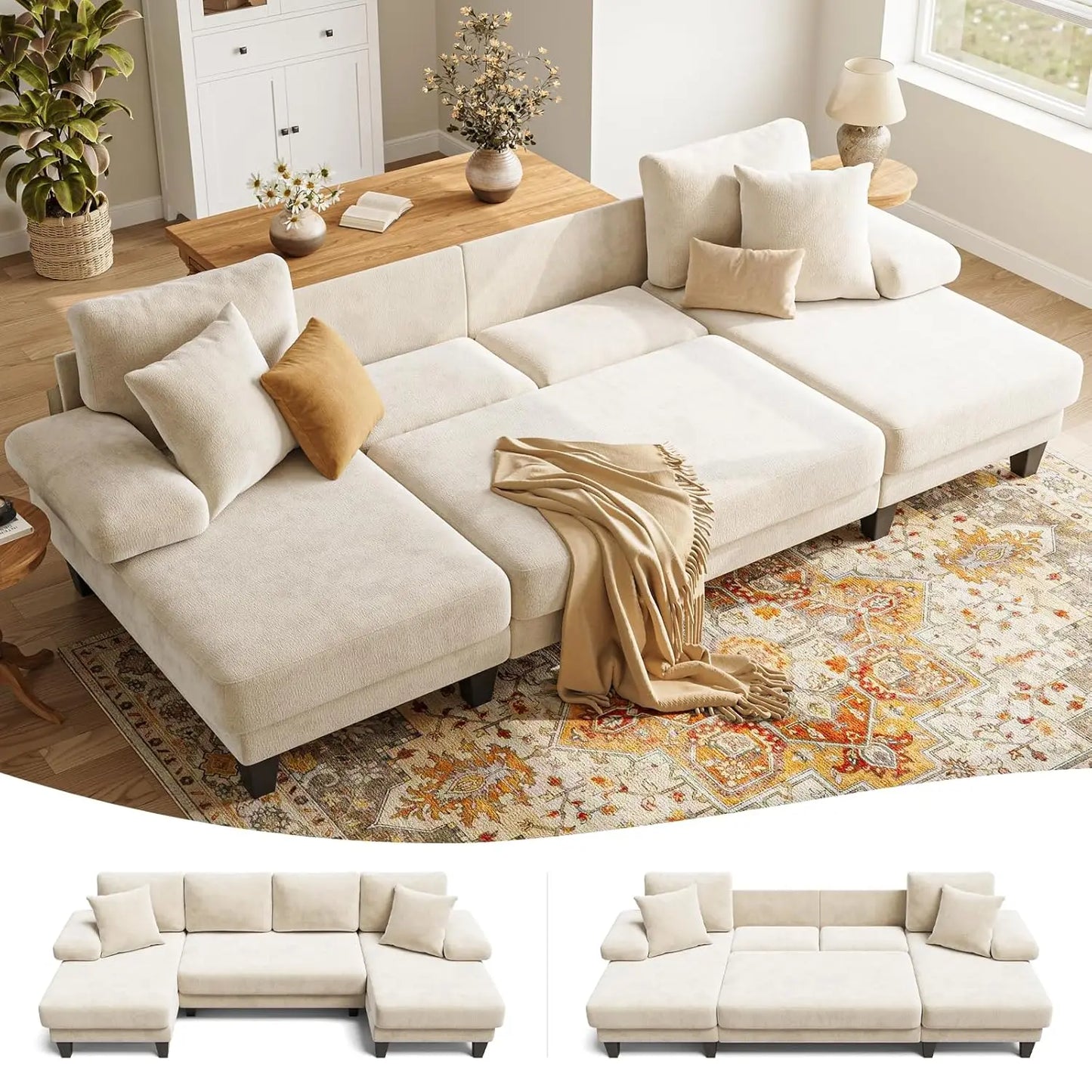 GUANGBAI Sleeper Sofa With Pull Out Bed U Shaped Chenille