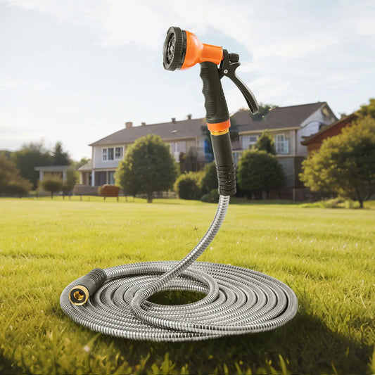 Metal Garden Hose 75 ft, Rust Proof Stainless Steel Water Hose, Heavy Duty Backyard Hose with 10 Function Nozzle, No-Kink & Flexible Water Pipe, Lightweight Metal Hose for Yard, Outdoor