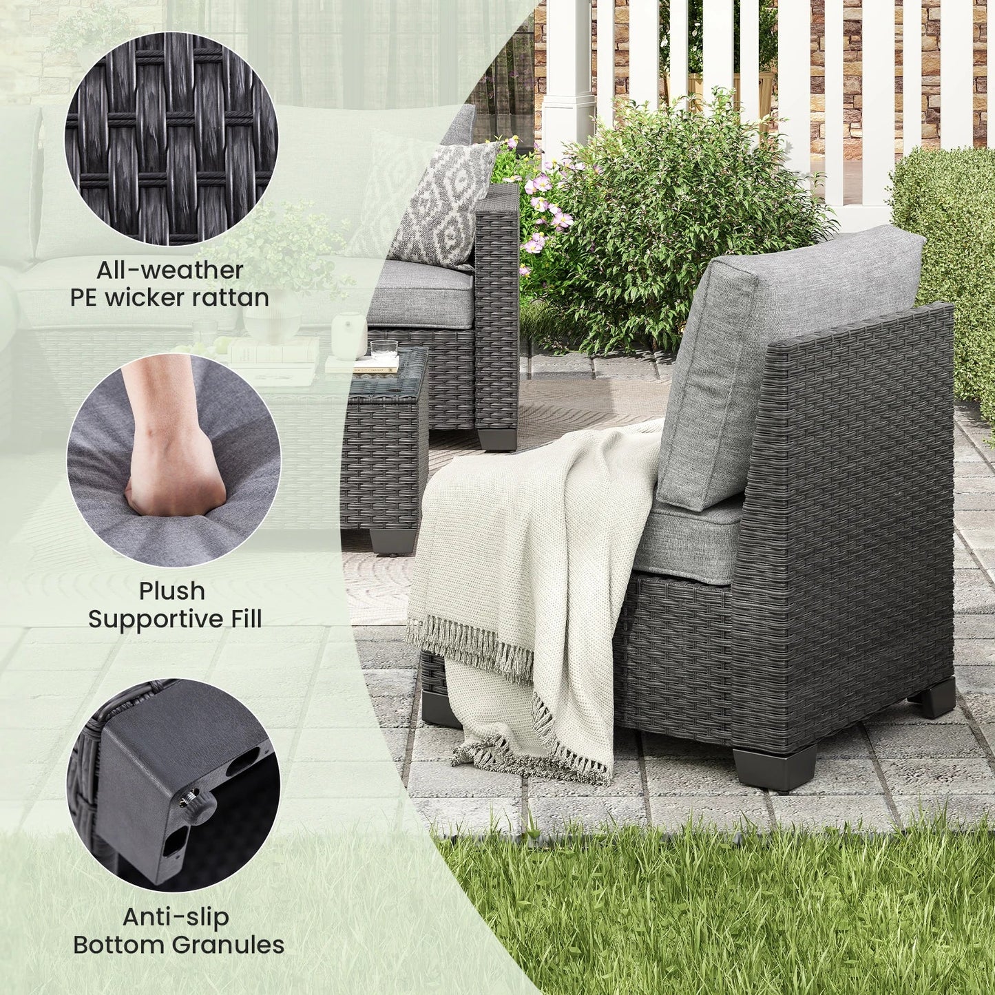 Farini Patio Sectional Sofa Set, Outdoor Furniture with Ottoman, Water/Oil/Stain-Resistant Fabric, Dark Gray Cushion + Gray Wick The Pet & Home Store