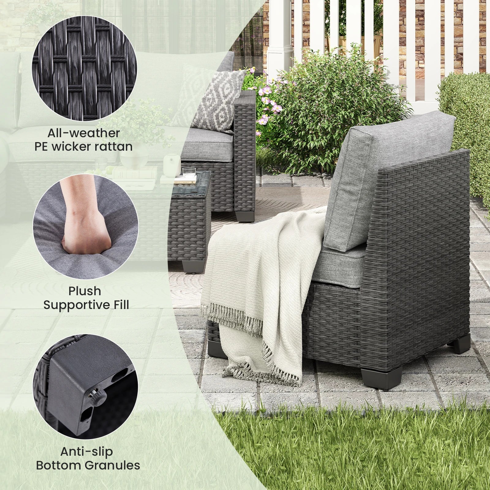 Farini Patio Sectional Sofa Set, Outdoor Furniture with Ottoman, Water/Oil/Stain-Resistant Fabric, Dark Gray Cushion + Gray Wick The Pet & Home Store