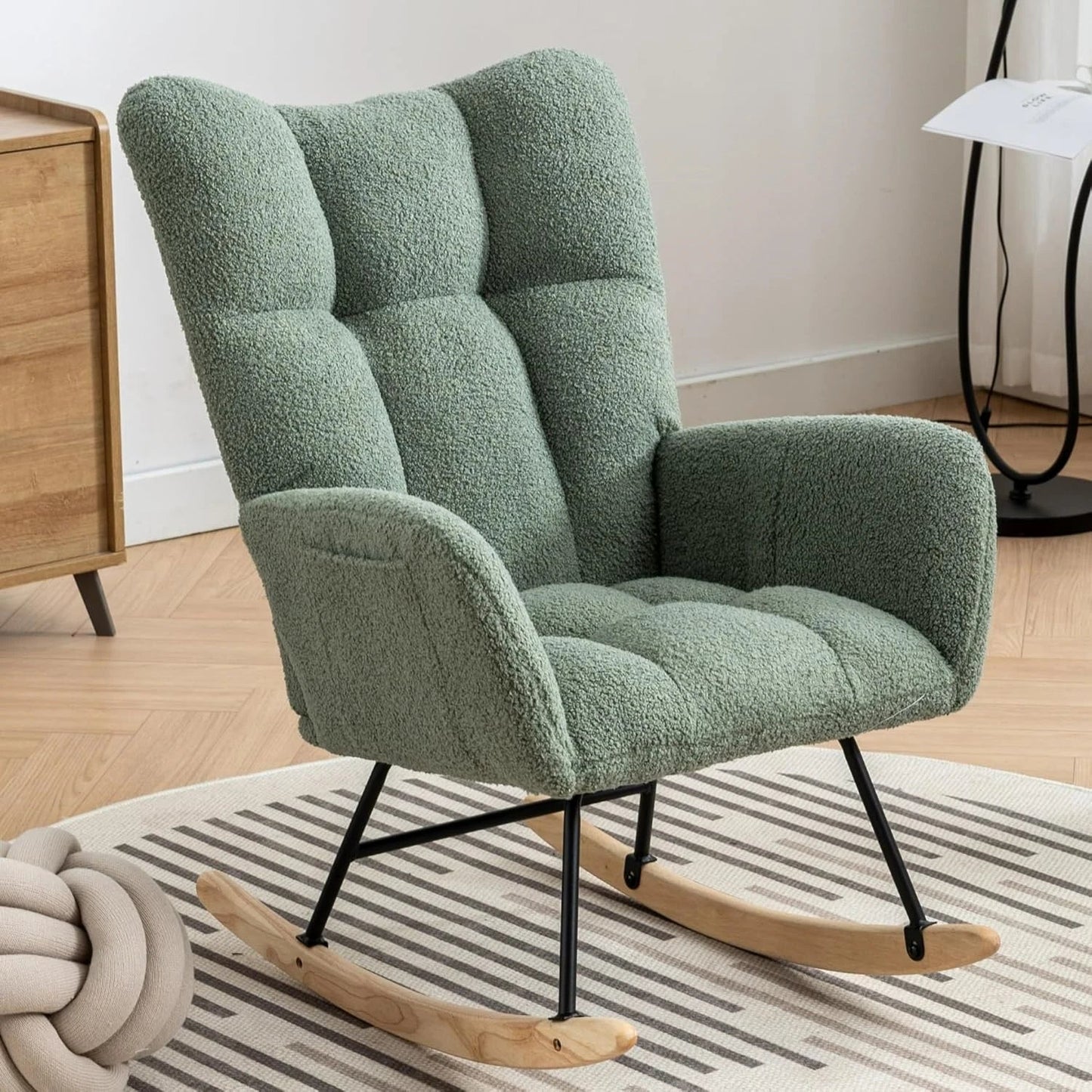 Modern Upholstered Nursery Rocking Chairs, with Side Pocket High Back Teddy Boucle Rocker Chair, Rocking Chair Backrest for Livi The Pet & Home Store