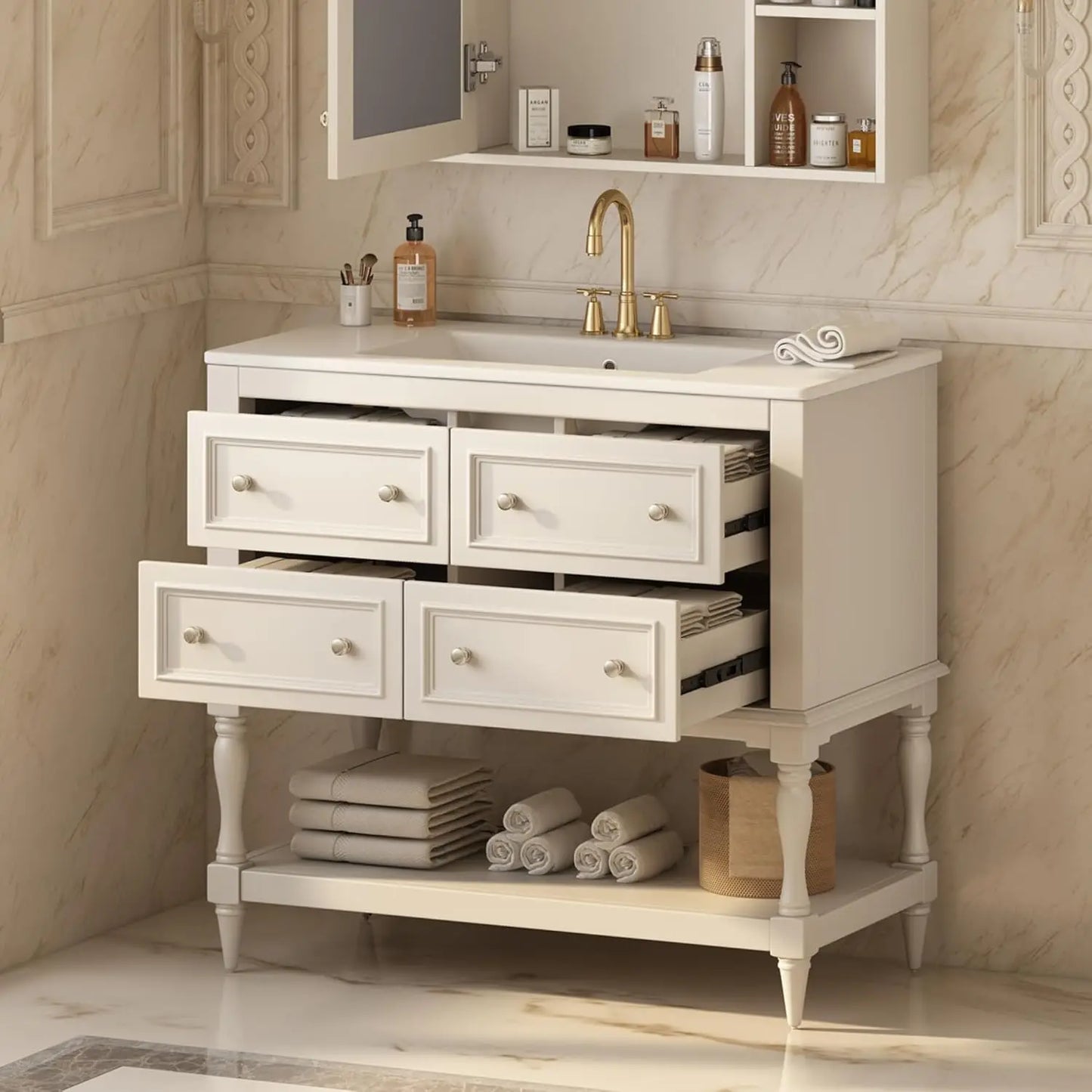 36" Bathroom Vanity with Sink Farmhouse Storage Cabinet 4 Drawers Open Shelf Solid Wood Frame Bath Furniture Customized