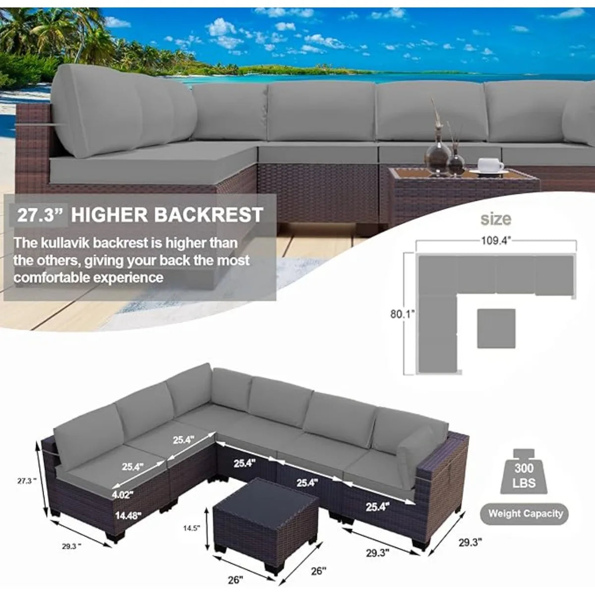7 Pieces Outdoor Patio Furniture Set,Sectional Rattan Sofa Set Brown PE Rattan Wicker Patio Conversation Set with Tempered Glass The Pet & Home Store