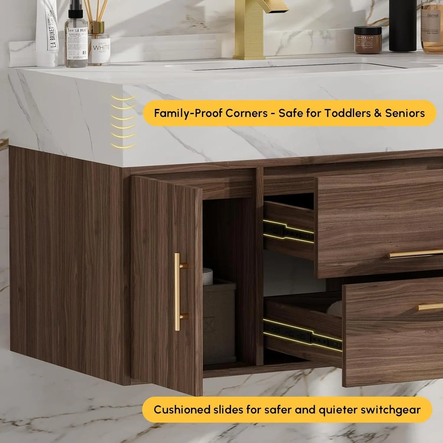 39.4" Floating Bathroom Vanity Sintered Stone Top 2 Drawer Cabinet Undermount Ceramic Sink Walnut Customized