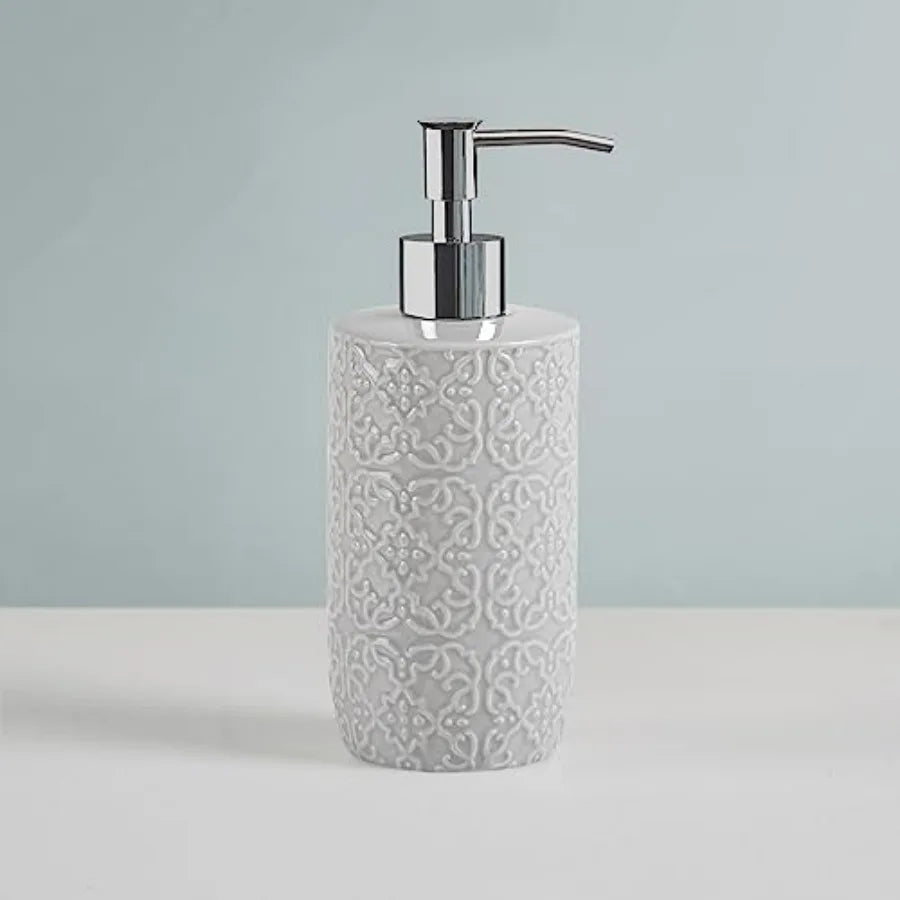 Ceramic Bathroom Accessories Set With Embossed Damask Medallion Dispenser