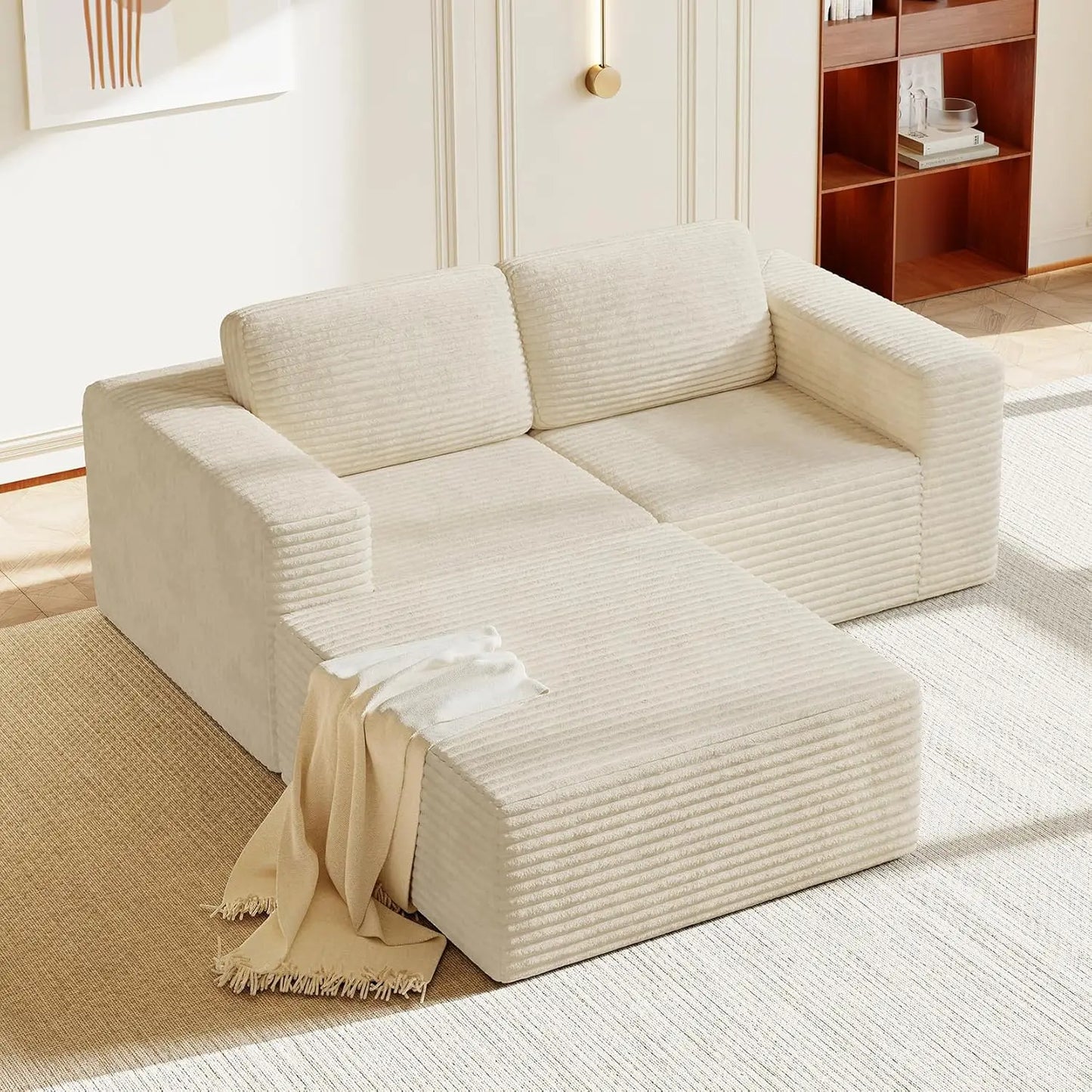 Corduroy L-Shape Modular Sofa With Movable Ottoman Sectional