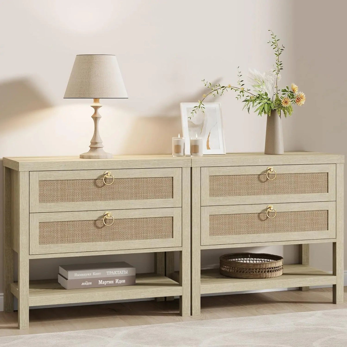 Large White Rattan Nightstands Set of 2, Boho Style with Drawers & Storage Shelf Bedroom Bedside End Table, Custom The Pet & Home Store