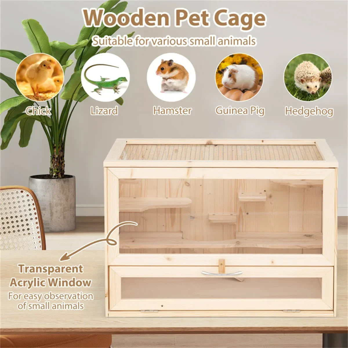 Fir Wood Hamster Cage with Flip Roof, Multi-Ladder Activity Areas for Guinea Pigs Hedgehogs