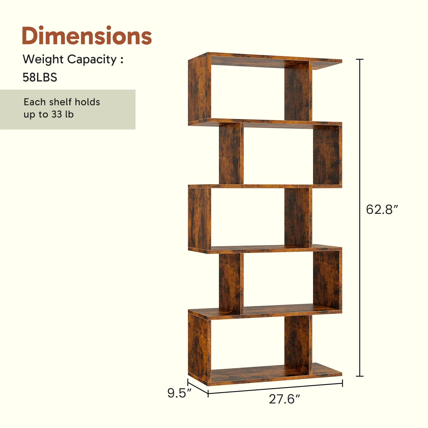 JHK Geometric 5-Tier S-Shaped Wooden Bookshelf For Home Office Display