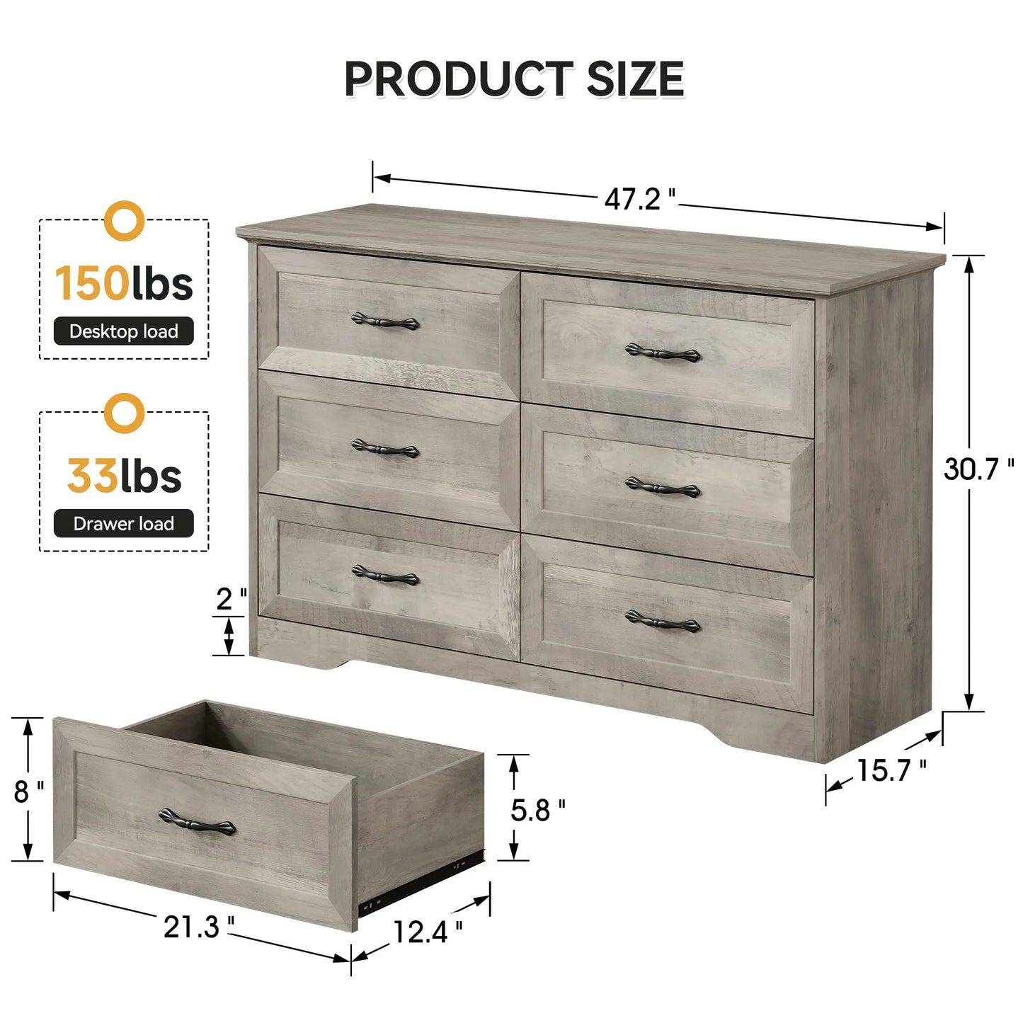 IDEALHOUSE Dresser for Bedroom with 6 Drawers, Wood Drawer Dresser Chest of Drawers for Closet, Living Room, Hallway