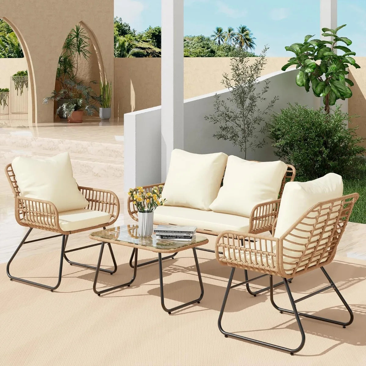 4-Piece Wicker Outdoor Patio Furniture Set with Cushions & Tempered Glass Table The Pet & Home Store