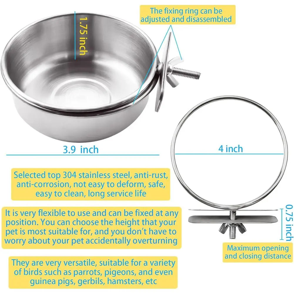 Stainless Steel Bird Feeding Bowls with Clamp, Suitable for Parrots, Cockatiels, Budgies, and Small Animals