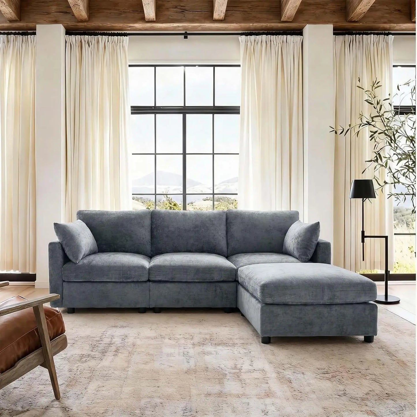 Sectional Couch for Living Room, Comfy L Shaped Convertible Sofa, 4 Seater Modern Chenille Sofa with Ottoman, Grey, Customized