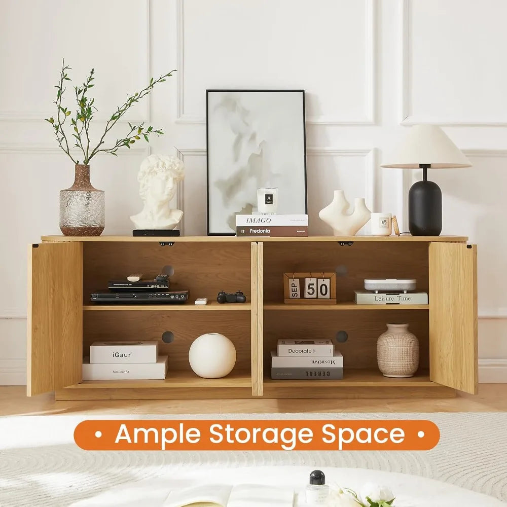 Fluted Wooden Sideboard Buffet Cabinet With Adjustable Shelves