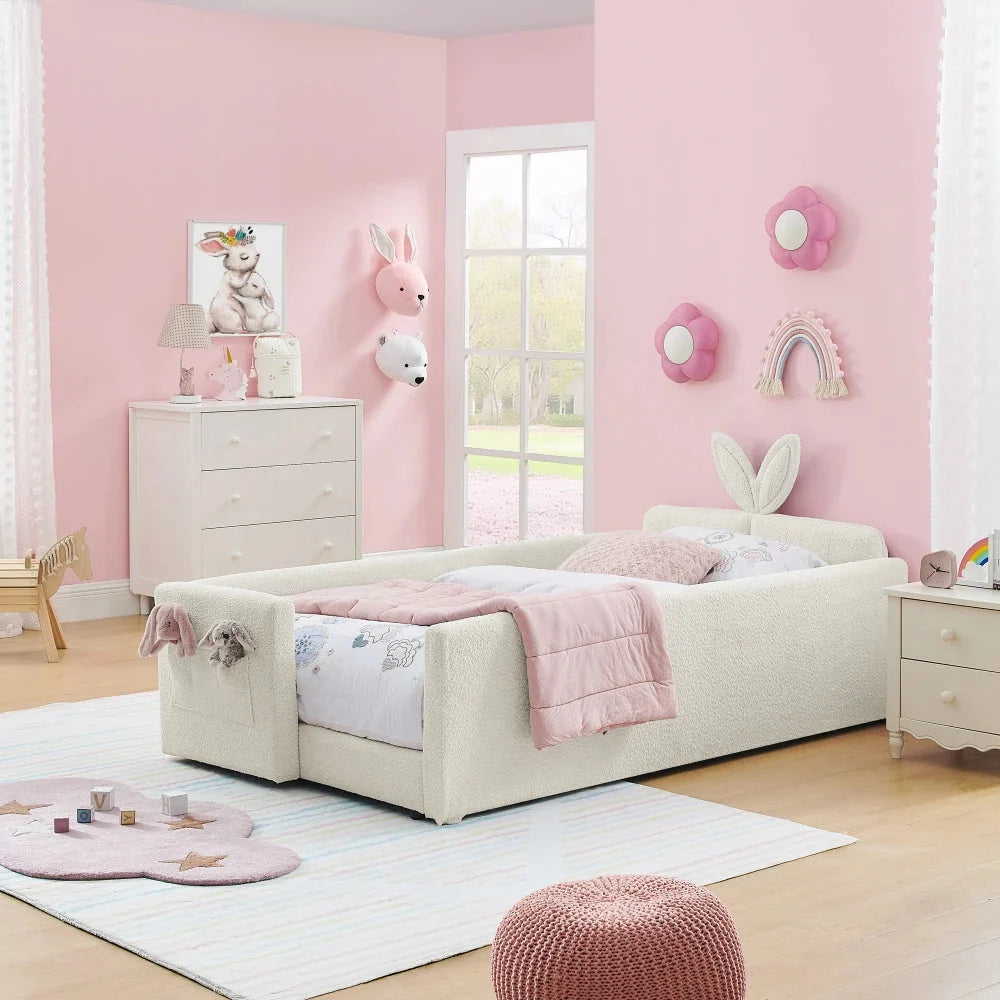 Twin Size Upholstered Platform Bed with Cute Rabbit Ear Shaped Headboard, with Safety Rail and Pocket, Boucle Fabric, Beige The Pet & Home Store