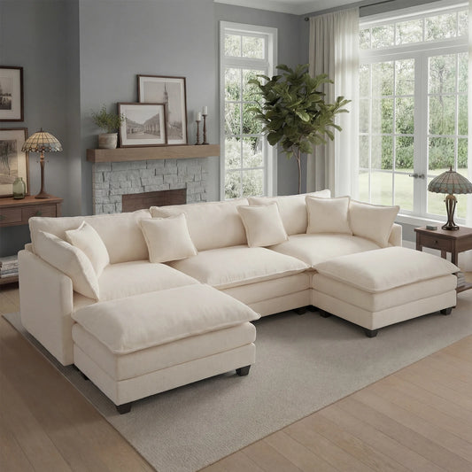 Redlife 113.4" Modular Sectional Sofa with Ottoman, Comfy Cloud Couch with Deep Seat (23.6" D), Solid Wood Frame,for Living Room