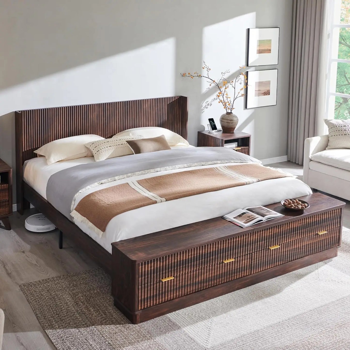 XIAOLANG Fluted King Bed Frame With Wingback Headboard Footboard Storage