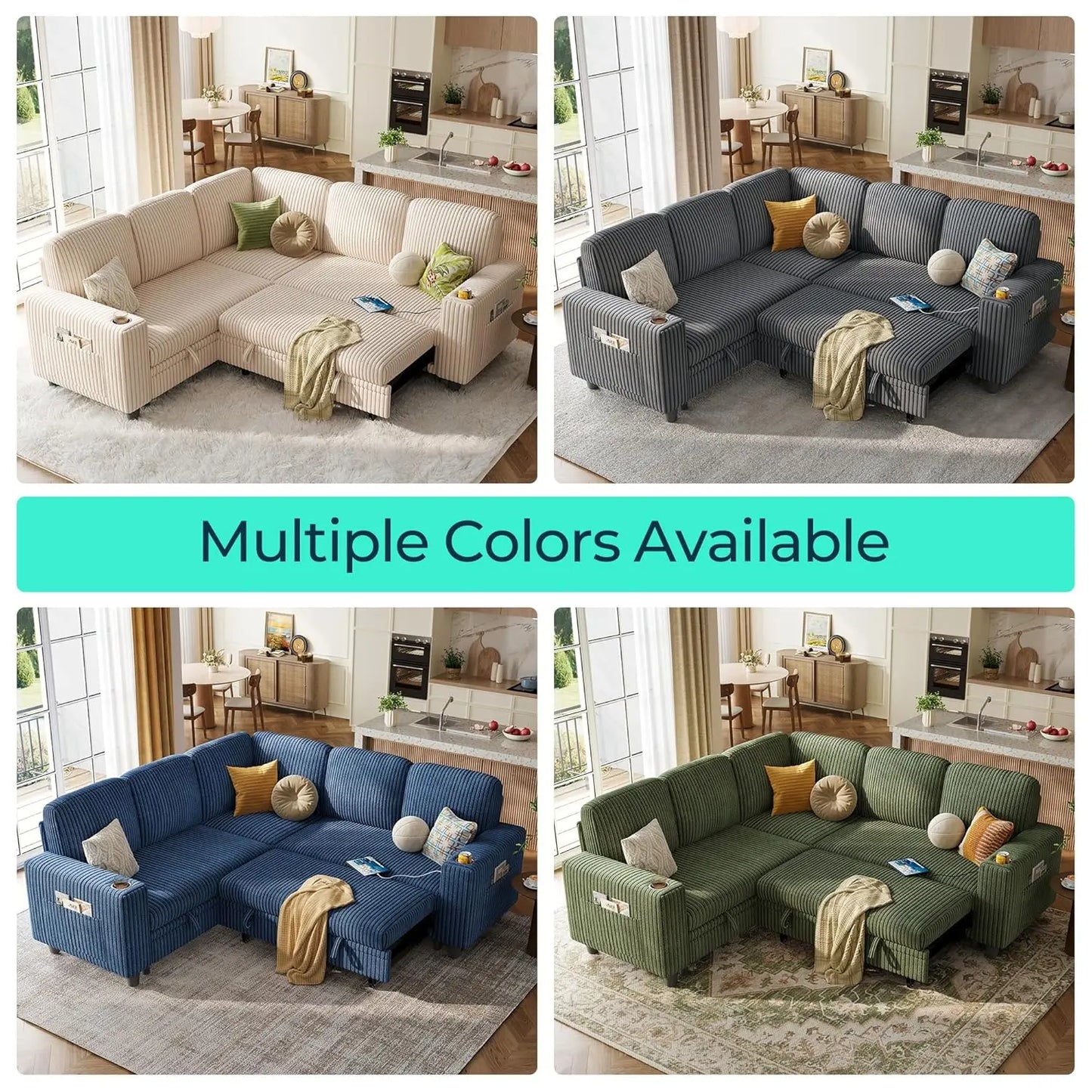 Convertible Sleeper Sectional Sofa With Storage Chaise USB Pullout