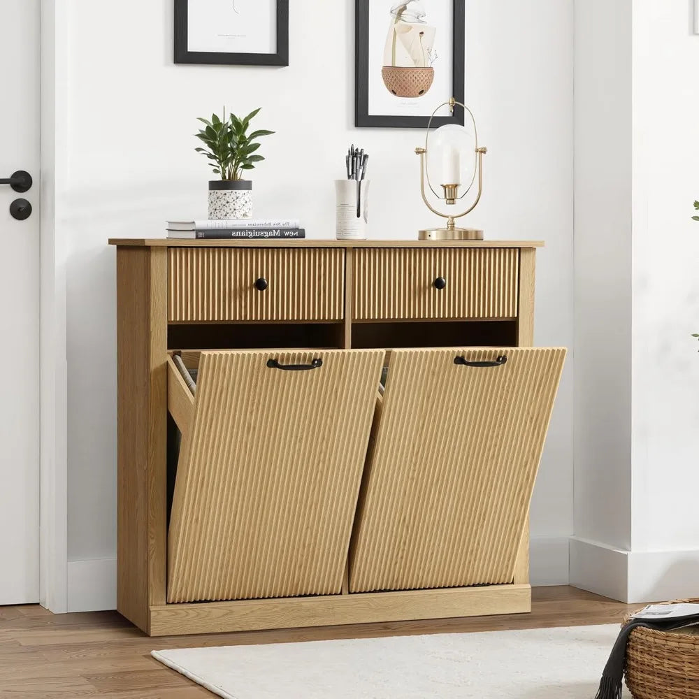 Double Tilt Out Laundry Basket Cabinet With Drawer Wood Storage