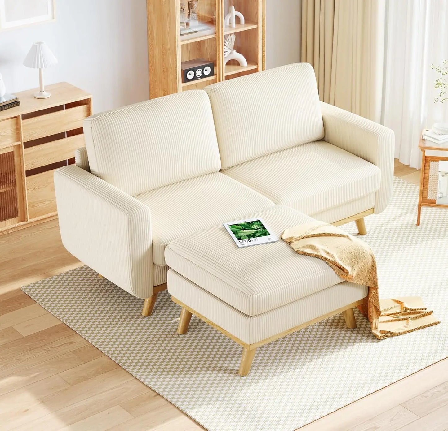 Corduroy L-Shape Modular Sofa With Movable Ottoman Sectional
