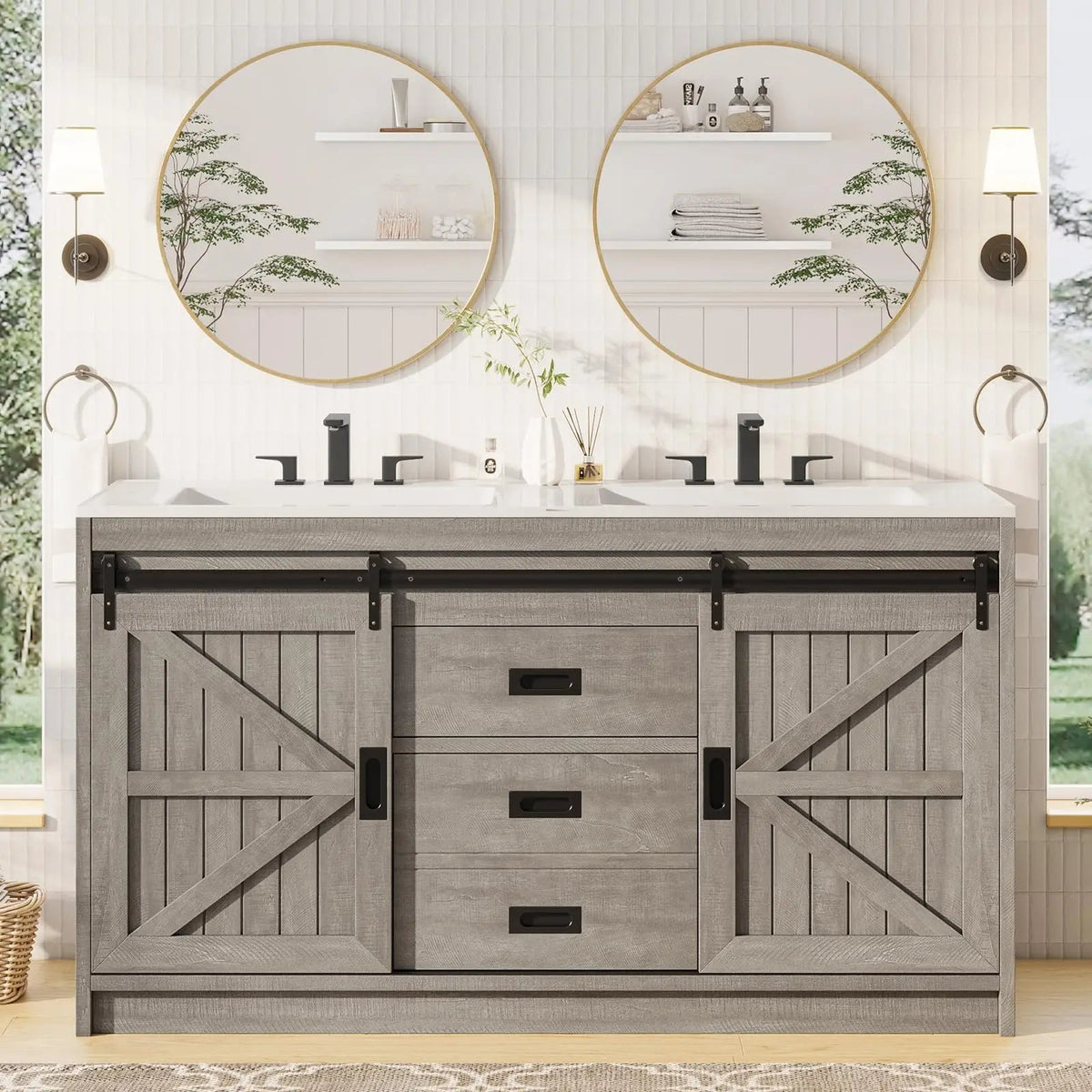 61" Farmhouse Double Bathroom Vanity with Sink Combo, Dual Basin Bathroom Storage Cabinet with Sliding Barn Doors & Drawers The Pet & Home Store