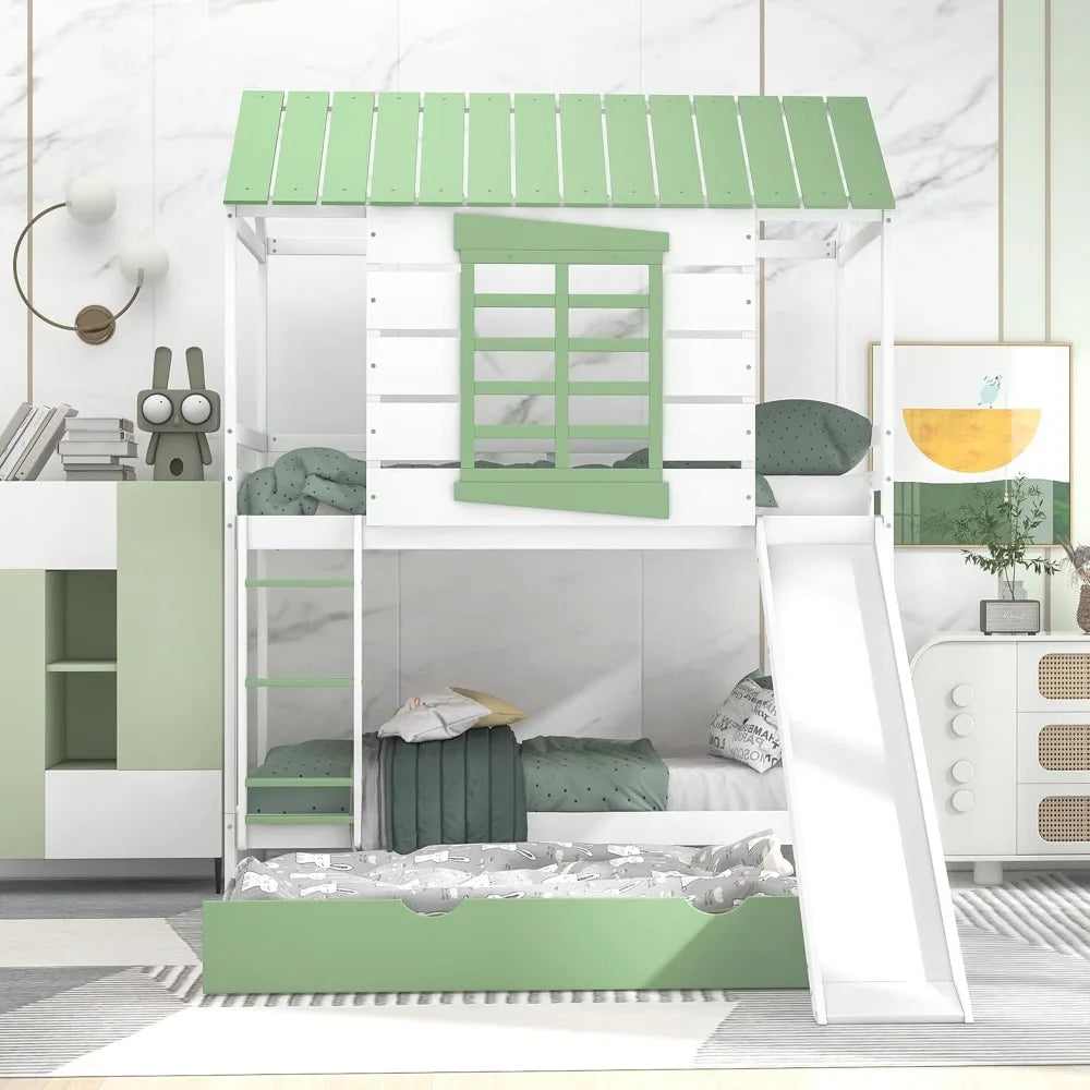 Twin Over Twin Bunk Bed With Slide Trundle Playhouse