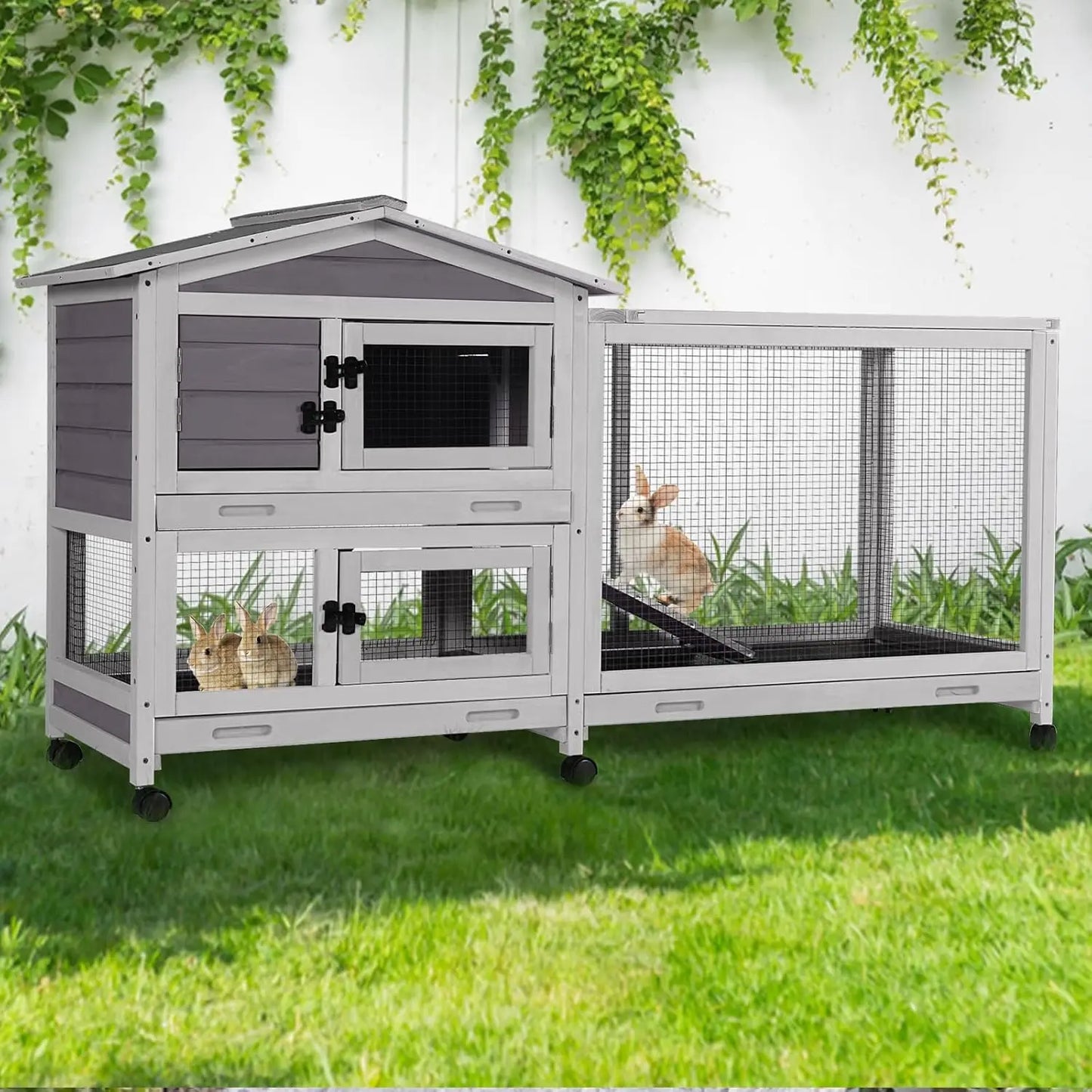 Two Story Rabbit Hutch With Chew Proof Full Metal Frame Indoor Outdoor