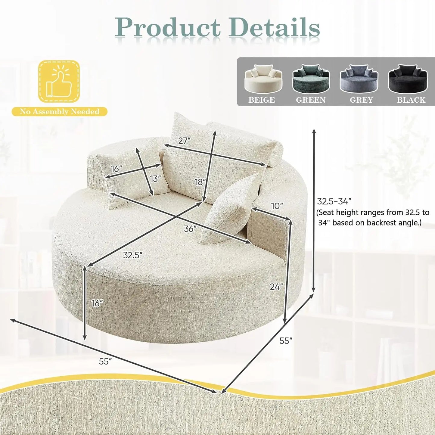 Oversized Round Chaise Longue Chair Indoor, Modern 55-inch Upholstered Chenille Deep Seat Circle Single Cloud, Customized