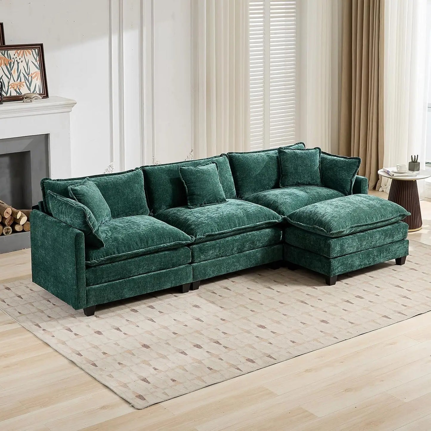 111.5" Blue Modular Sectional Sofa Chenille Deep Seat L-Shape Oversized Living Room Set With Ottoman, Customized