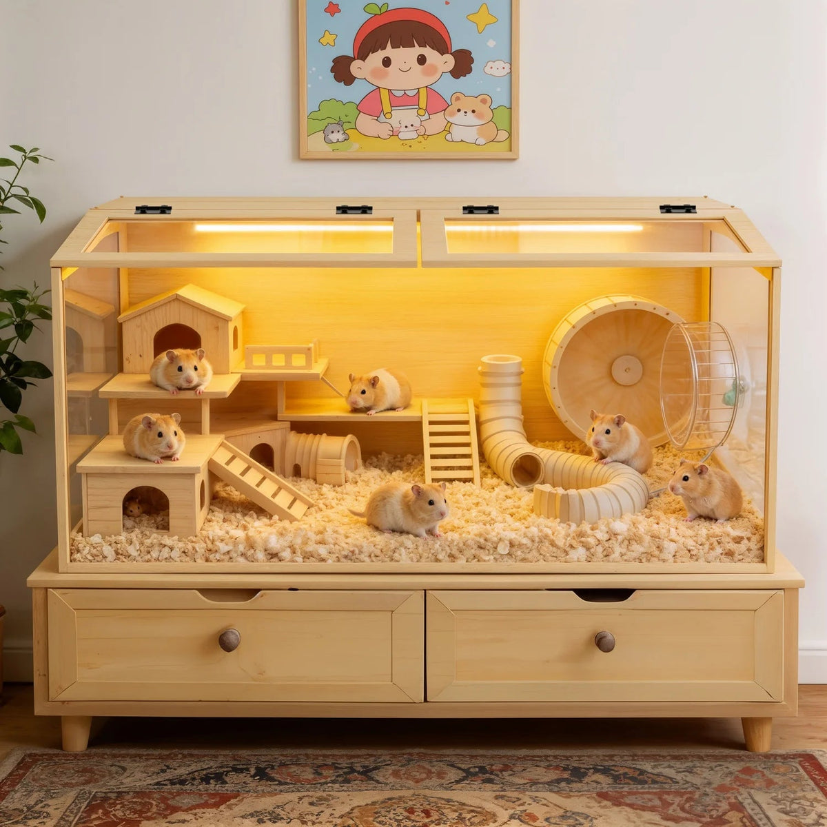 Natural Wooden Hamster Cage Habitat Dual Access Door Built-in Light Animal Cabinet Tabletop Hamsters Habitat for Small Pets The Pet & Home Store