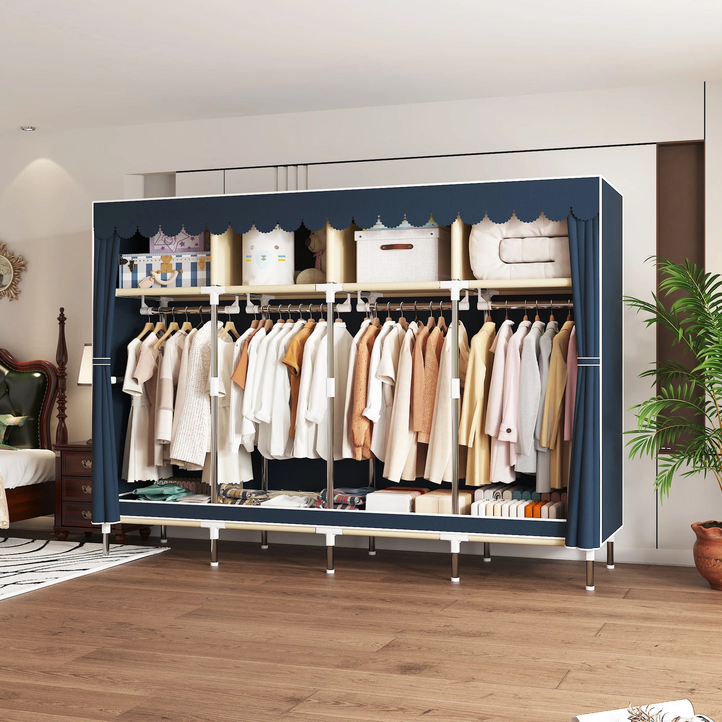 ArluKin Heavy Duty Fabric Wardrobe With 4 Hanging Rods