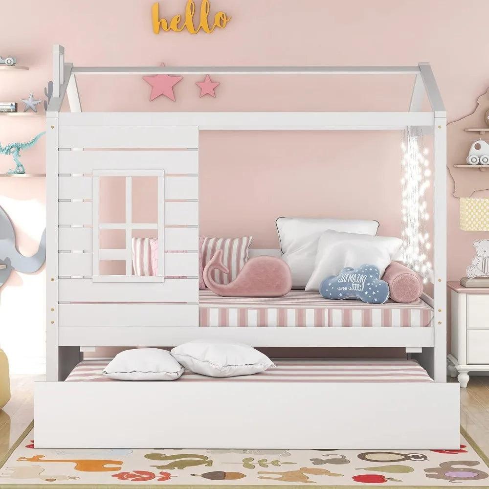 Wood House Bed With Trundle Twin Daybed For Kids Durable