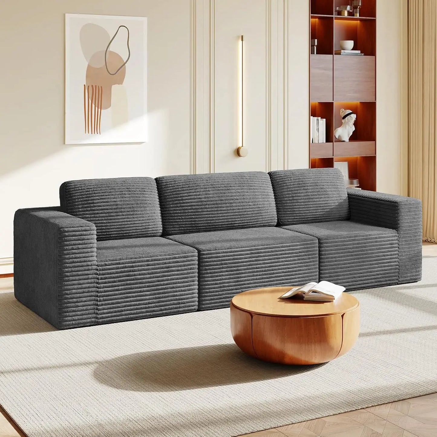 Corduroy L-Shape Modular Sofa With Movable Ottoman Sectional