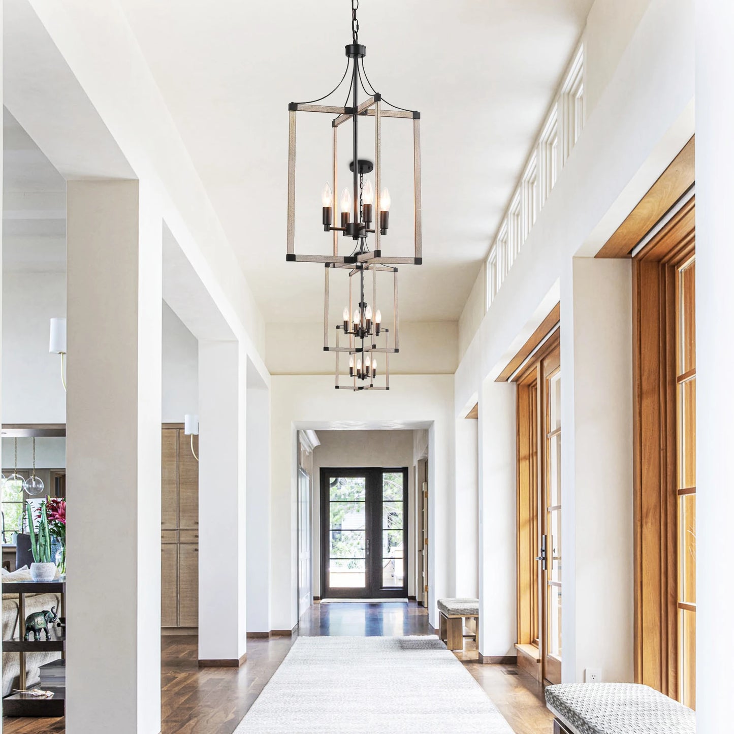 4-Light Farmhouse Chandelier Height Adjustable Rustic Living Room Chandelier Dining Room Light Fixtures Dimmable