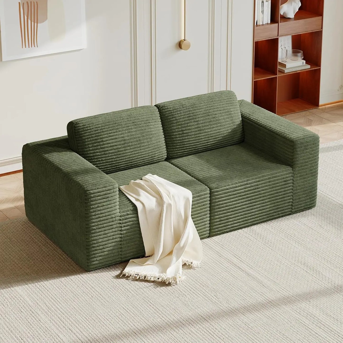 Corduroy L-Shape Modular Sofa With Movable Ottoman Sectional