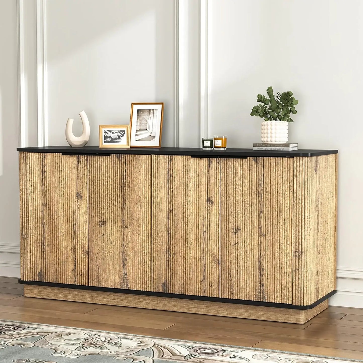 64 Inch Fluted TV Stand With Storage And Adjustable Shelves