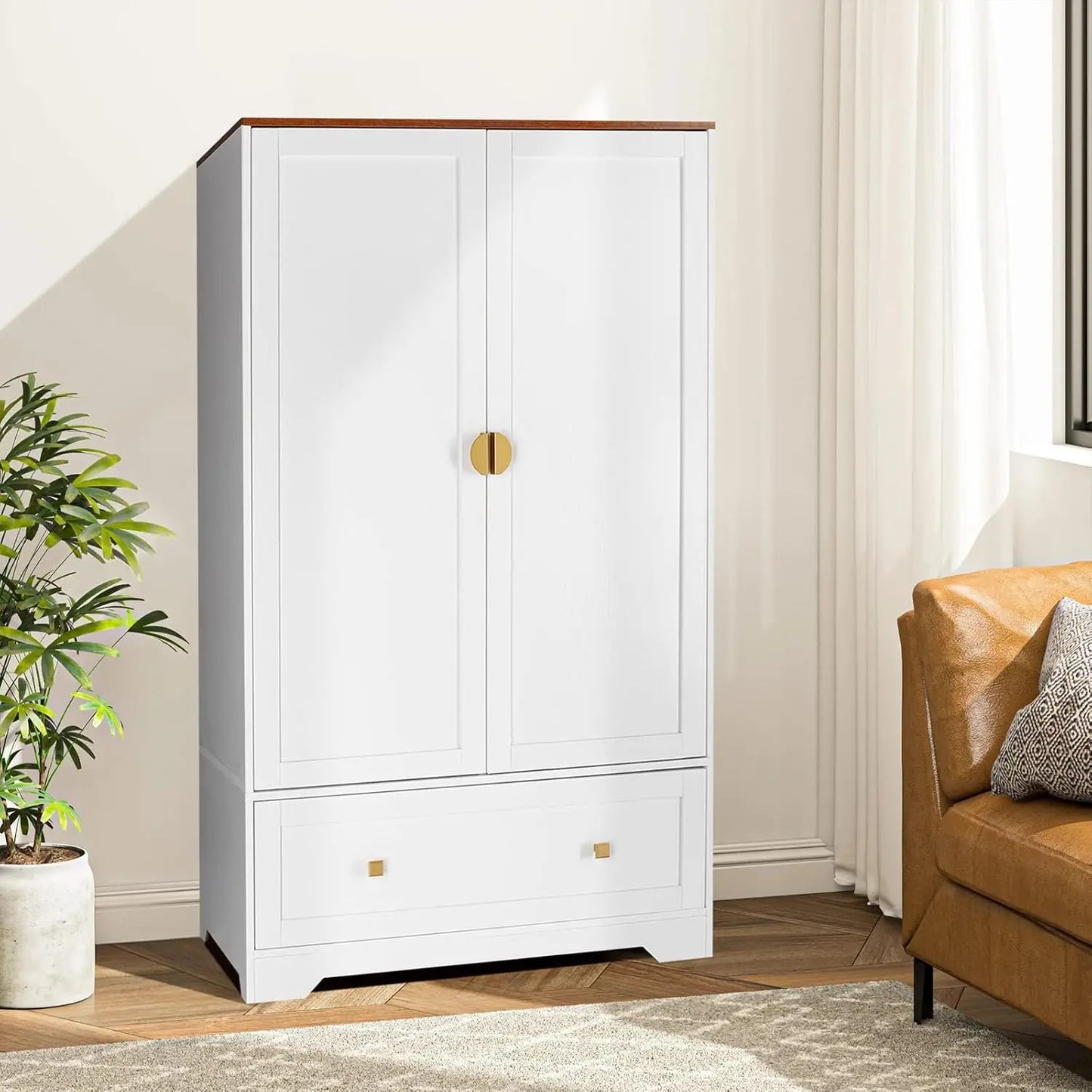 38" Wide Wardrobe Closet, White Armoire Wardrobe with Hanging Rod, Shelves and Drawer, Freestanding Closet Armoire, Custom