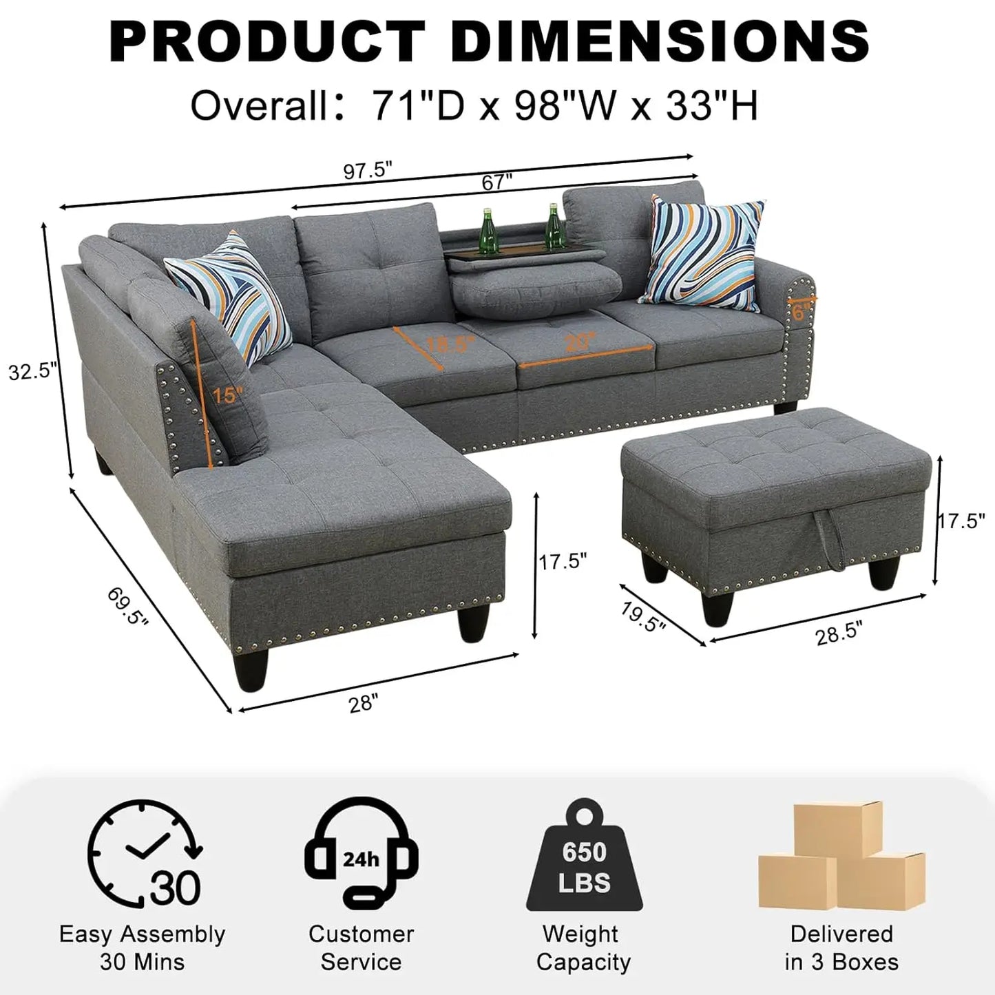 L-Shape Sectional Sofa Chaise With Ottoman And Cup Holder
