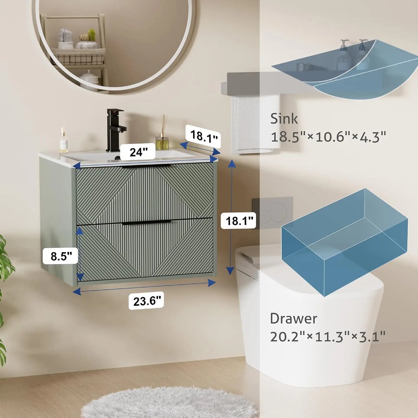24" Floating Bathroom Vanity with Sink Combo, Modern Wall Mounted Floating Cabinet with 2 Large Soft-Close Drawers, Customized